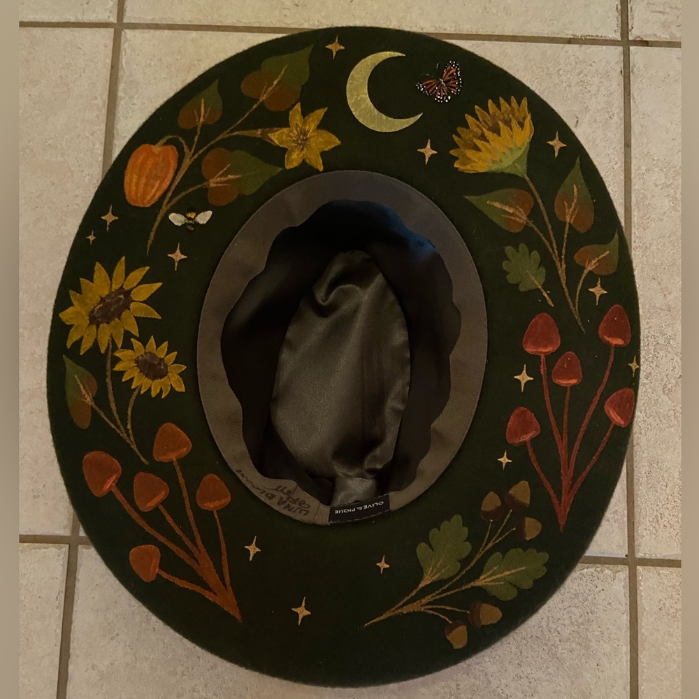Hand-Painted Floral Moon Wool Fedora Hat - Olive Green